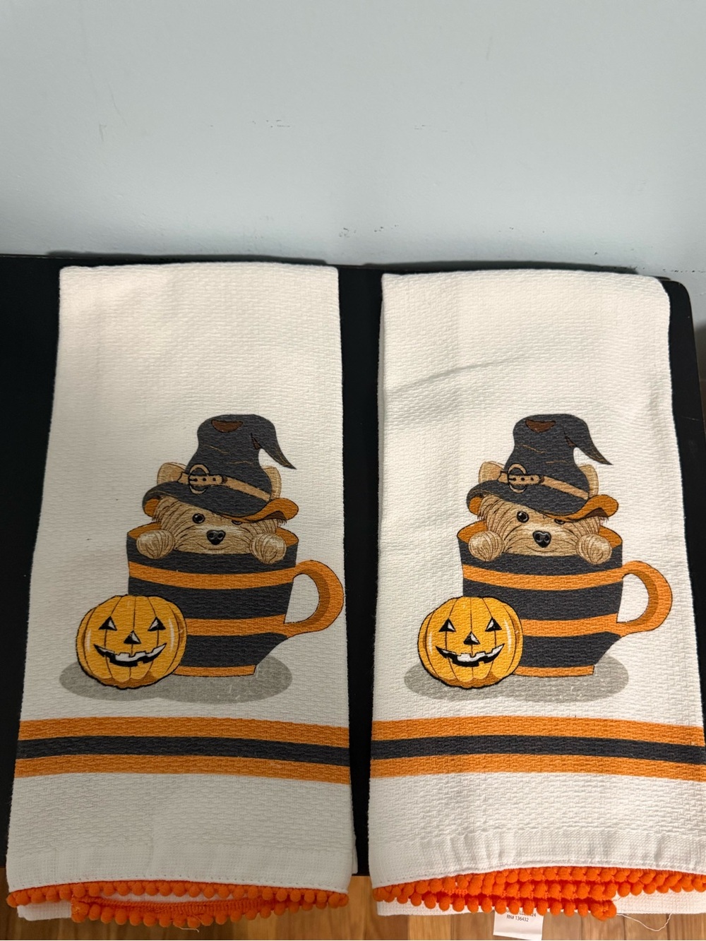 Halloween Themed Bear in Striped Mug Orange & Black kitchen towel set!